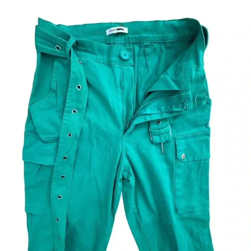 Cargo Green Pants with Belt, Pocket and Cropped/ Full Length High Waisted Jogger